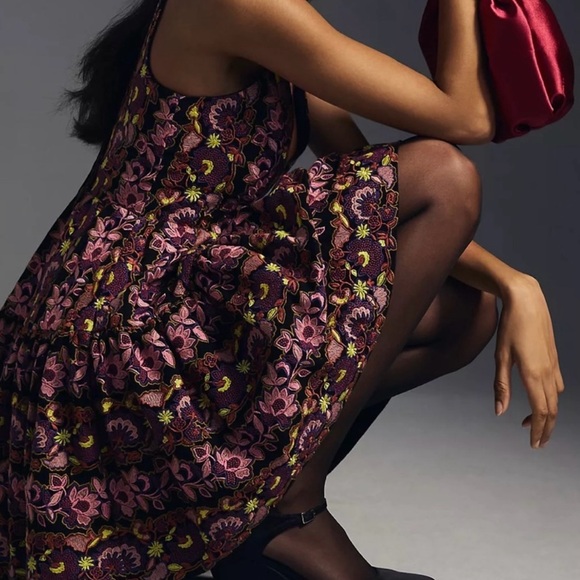 Anthropologie Embroidered Purple and Black Floral Mini Dress Size 0 MSRP $398 - Picture 2 of 12